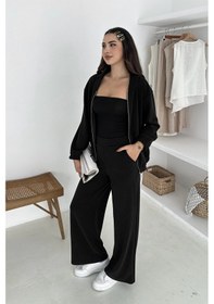 Resim Beli Lastikli Fermuarlı Kapşonlu Premium Kalite Modal Takım Siyah 