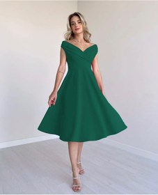 Resim Efnaz Style Kadın Kısa Kollu Kruvaze Yaka Eteği Volanlı Krep Elbise Yeşil 