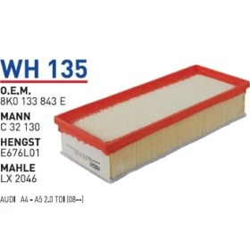 Resim Wunder Filter Audı A4, A5 Uyumlu Hava Filtresi Wh 135 