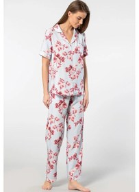 Resim Türen 3604 Kadın Kısa Kollu Dokuma Gömlek Pijama Takımı-mavi Mavi 