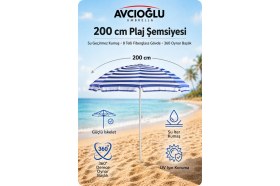 Resim Sunlife Avcıoğlu 200 cm Mavi-Beyaz Plaj Şemsiyesi Fiberglass Gövdeli Rüzgara Dayanıklı Bahçe Balkon Kamp Plaj Şemsiyesi 