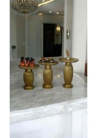 Resim Dekoratif Ahşap Mantar Sehpa 3 Lü Set Masif Altın Renk Fiskos 