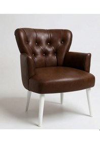 Resim Waterybrook Tekli Berjer Koltuk - Kapitoneli Suni Deri - Beyaz Ahşap Ayaklı - Modern Tasarım Acı Kahve 