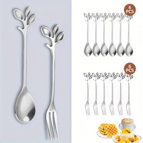 Resim 12 Parça Gümüş Renkli Paslanmaz Çelik Kahve ve Tatlı Kaşığı Seti - Yaprak Desenli, Parlak Yüzey, Bulaşık Makinesinde Güvenle Kullanılabilir, Karıştırma, Meyveler, Mezeler İçin İdeal | Ev, Parti, Düğünler ve Özel Günler İçin Mükemmel 