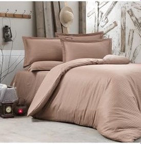 Resim Alena Home Style%100 Pamuk Saten (Lastikli Çarşaflı) Çizgili Tek Kişilik Nevresim Takımı Sütlü Kahve 120 x 200 AlenaNM218 
