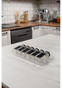 Resim 6'lı Şeffaf Pleksi Standlı Cam Baharatlık Seti Siyah Kapaklı Etiketli Baharatlık Mh02syh06 Siyah - Şeffaf 