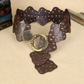 Resim Kadınlar İçin Vintage Barok Kemer - Ortaçağ Esintili PU Deri, Detaylı Kesim ve Perçin Tasarımı, Kahverengi & Altın Tonlu Aksesuarlar ile Günlük Kıyafetler, Akşam Elbiseleri, Plaj Partileri için Dayanıklı Moda Aksesuarı, Elbise Kemeri, Gece Giyimi Kemeri, Parlak Yüzeyli Barok Tarz Kemer, Şık İşçilik, Retro Tutkunları için İfade Edici Aksesuar 