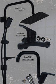Resim tesitay Siyah Banyo Seti Lavabo Banyo Bataryası Ve Robot Duş Takımı Komple Siyah Musluk Armatür Batarya Duş 