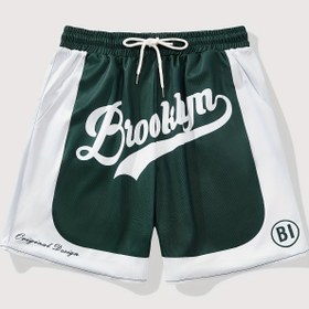 Resim Erkekler için rahat spor şortları, %100 polyester dokuma, hafif esneklik, bol kesim, düzenli tarz, Brooklyn grafik, bağcıklı bel bandı 