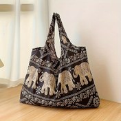 Resim Kadınlar için Vintage Fil Baskılı Büyük Kapasiteli Katlanabilir Alışveriş Tote Çantası 