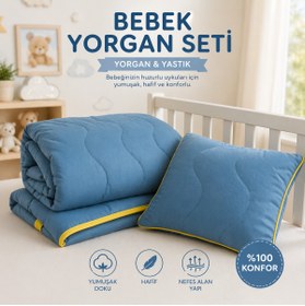 Resim Home %100 Pamuk Bebek Yorgan Seti 90x140 cm - Yastıklı, Çantalı Mavi 
