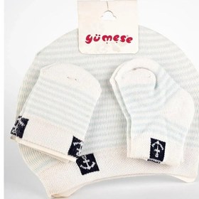 Resim Unisex Bebek Beyaz Deniz Çapası Detaylı Çizgili Yazlık Şapka Soket Eldiven Takımı Beyaz 