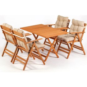 Resim Minderli Loretta Masa Sandalye Seti 4+1 Ahşap Bahçe Balkon Teras Katlanır Set 120x70 Cm Krem 