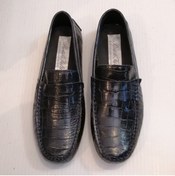 Resim Butik Tülin Unisex Hakiki Deri Kroko Baskı Koyu Lacivert Bantlı El Dikişli Esnek Geçme Kauçuk Tabanlı Loafer 