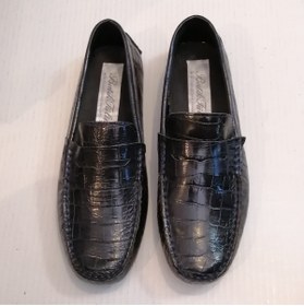 Resim Butik Tülin Unisex Hakiki Deri Kroko Baskı Koyu Lacivert Bantlı El Dikişli Esnek Geçme Kauçuk Tabanlı Loafer 