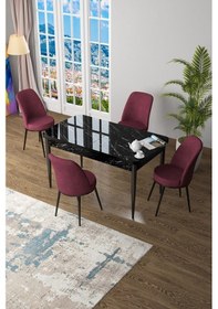 Resim Canisa Concept Zen Serisi 80x132 Mdf Açılabilir Siyah Mermer Desen Masa Takımı Ve 4 Bordo Sandalye Siyah 