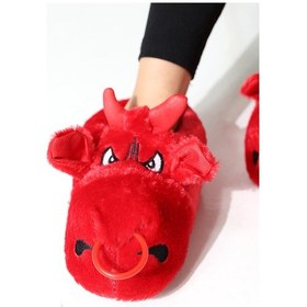 Resim Hayvanlı B20 Boğa Modelli Kışlık Kadın Erkek Panduf Ev Içi Sessiz Taban Panduf Kırmızı 