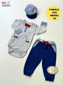 Resim Tomuycuk %100 Pamuklu 3'lü Mavi Erkek Bebek Takım - Papyonlu & Uzun Kollu Yenidoğan Bebek Takımları 