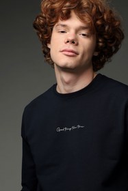 Resim Orta Lacivert Bisiklet Yaka Nakışlı Pamuklu Sweatshirt 