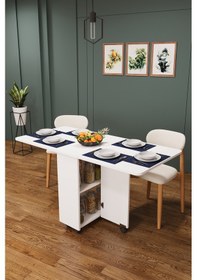 Resim Asra Trend KM-12 %100 MDF 155x70 cm Katlanır Akıllı Mutfak Masası Tekerlekli Servis Masası Beyaz 