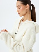 Resim Peluş Sweatshirt Kapüşonlu Yarım Fermuarlı Cep Detaylı 