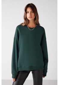 Resim Grimelange Susana Kadın Bisiklet Yaka Içi Polarlı Oversize Fit Basic Koyu Yeşil Sweatshirt 