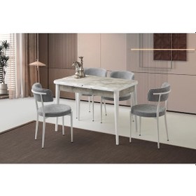Resim Rambla Ahşap Salon Yemek Masa Takımı 4 Gözde Sandalye Ortadan Açılır Mermer Desen 90x160 Gri 