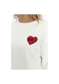 Resim Gidia Kadife Kalp Desenli Ekru Yumuşak Dokulu Regular Fit Bisiklet Yaka Kadın Sweatshirt Ekru 