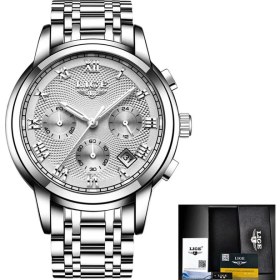 Resim Hanyang Gümüş Beyaz Çelik Lıge Lüks Aydınlık Saat Erkekler Için Su Geçirmez Paslanmaz Çelik Analog Kol Saati Chronograph Tarih Kuvars Izle Reloj Hombre (Yurt Dışından) 