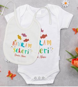 Resim Bitmeyen Kartuş Bk Kids Kişiye Özel Bayram Şekeri Tasarımlı Bebek Body Zıbın Ve Mama Önlüğü Hediye Seti - Model 1 