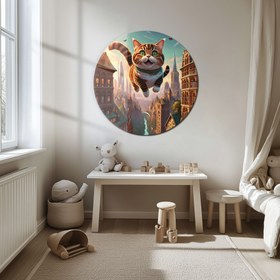 Resim Uçan Sevimli Kedi Şehir Manzarası Yuvarlak Cam Tablo - MODY058 - 35 x 35 cm 