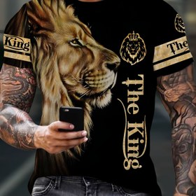 Resim Erkekler için Siyah Aslan Grafikli Tişört - 3D Baskılı, Günlük & Dış Mekan Sporları için Kısa Kollu Tişört, "KRAL" & Taç Tasarımı, Polyester, Makinede Yıkanabilir, Aslan Tişörtü 