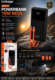 Resim CeppStore Linkage LKP-64 10000 mAh Hızlı Şarj Powerbank LCD Ekranlı Dahili Kablolu Type-C Lightning Taşınabilir Şarj Cihazı 