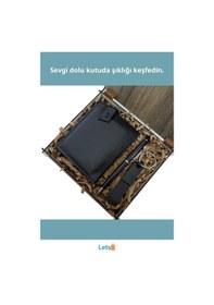 Resim Ahşap Deri Kutulu Siyah Renk Kalem Cüzdan Anahtarlık Seti Çok Renkli 