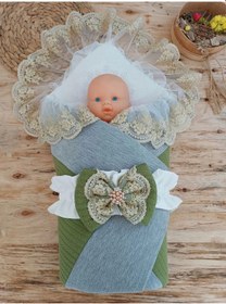 Resim Yenidoğan Teri Cotton Taç Nakışlı Prizma Taş Kundak Bebek Battaniyesi Yeşil 