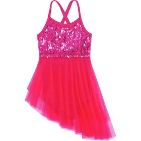 Resim Ekru Çocuk Kız Sahne Dans Giyim Kolsuz Payet Asimetrik Tül Bale Dans Jimnastik Leotard Elbise Ekru 