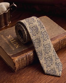 Resim Ekru & Lacivert Paisley Jakar Kravat - Standart 