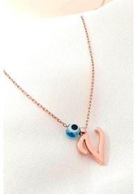 Resim V Harfi Nazar Boncuklu Gümüş Rose Kolye 