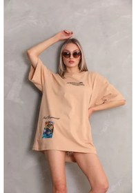 Resim Ahes Shopping Unisex Bisiklet Yaka Baskılı Oversize T-shirt - Bej Bej 