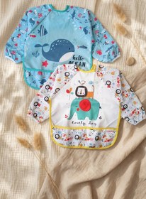 Resim melonika Balina Sıvı Geçirmez Uzun Kollu Bebek Mama Önlüğü 6-24 Ay - 2'li Set BLW Uyumlu Leke Tutmaz Aktivite 