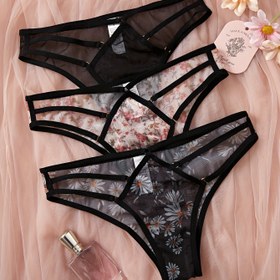 Resim 3'lü Kadın Çiçek Desenli İç Çamaşırı Seti - Şık Yarı Saydam Pantolonlar, Siyah/Gri/Bej Renklerde Günlük ve Özel Günler için Yumuşak Lingerie, Üçgen Kesim, Zarif Kumaş 