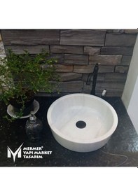 Resim Beyaz Mermer Silindir Çanak Lavabo 