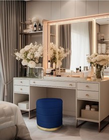 Resim Lungo Roller Gold Kaplama Luxery Puf-mavi Babyface Kumaş Pofuduk Oturma Pufu&makyaj Pufu&bench 