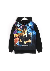 Resim 3d Baskılı Kız Çocuk Wednesday Addams 3 İp Şardonlu Sweatshirt Siyah 