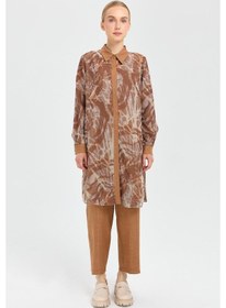 Resim Esswaap Desenli File Kumaş Tunik Pantolon Takım Camel Kahverengi 