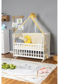 Resim Ahşap Beşik Anne Yanı Beşik Beyaz 70x130 - Sarı Yıldız 3 Yastıklı Uyku Seti + Yataklı Beyaz 