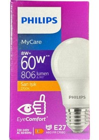 Resim Philips 8w 60w 2700k Sarı Işık E27 Duylu Klasik Led Ampul 