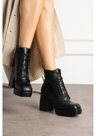 Resim Shoetek Larinka Kadın Bot Kalın Topuklu Bağcıklı Siyah Deri Sıyah Cılt 