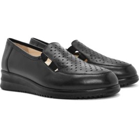 Resim Derimod Kadın Siyah Dolgu Topuklu Deri Comfort Loafer 26PFD410318 