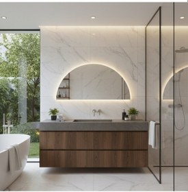 Resim 35x70 Cm Yarım Oval Led Banyo Aynası Dokunmatik Sensörlü, Dimmerli, 3000k Günışıklı Modern Duvar Aynası Sarı 